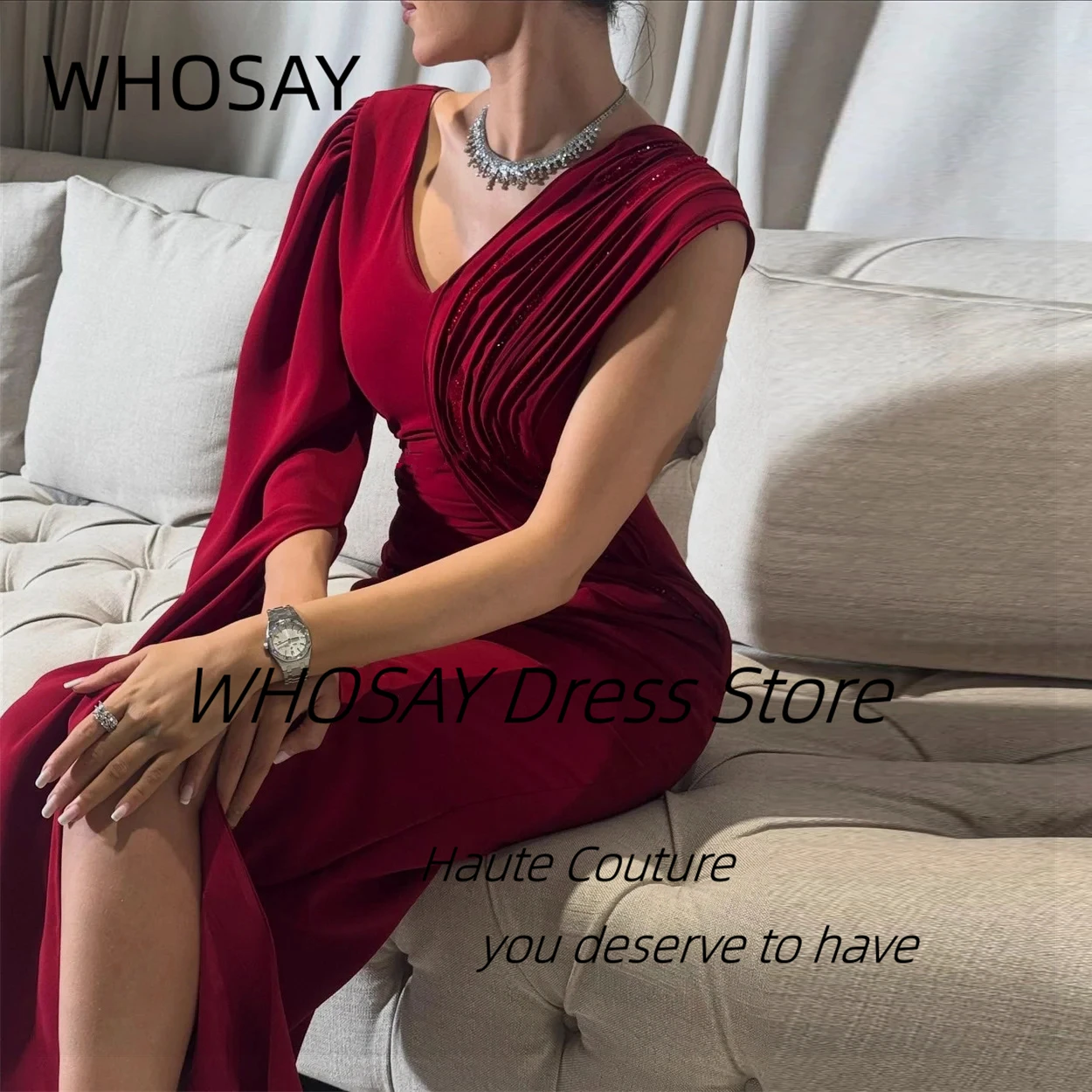 WHOSAY Side Slit Sheath Prom Dresses V Neck Ruched Beaded Long Sleeve Evening Gowns Zipper Back Saudi Party Dress Customized