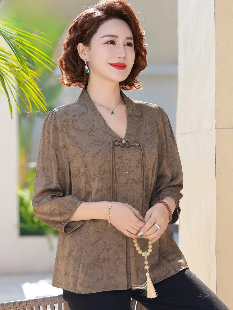 

Ele New Chinese Sle irt for Women Spring Faion Long Sve V-Ne Midi Top for Middle-Aged And ly Ladies