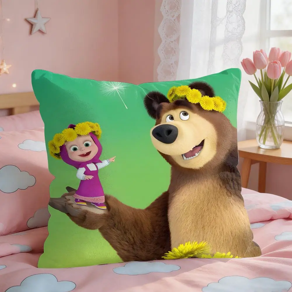 M-Masha And B-Bear Cushion Cover Square Short Plush Pillow Case Living Room Sofa Home Decor Funda 40X40