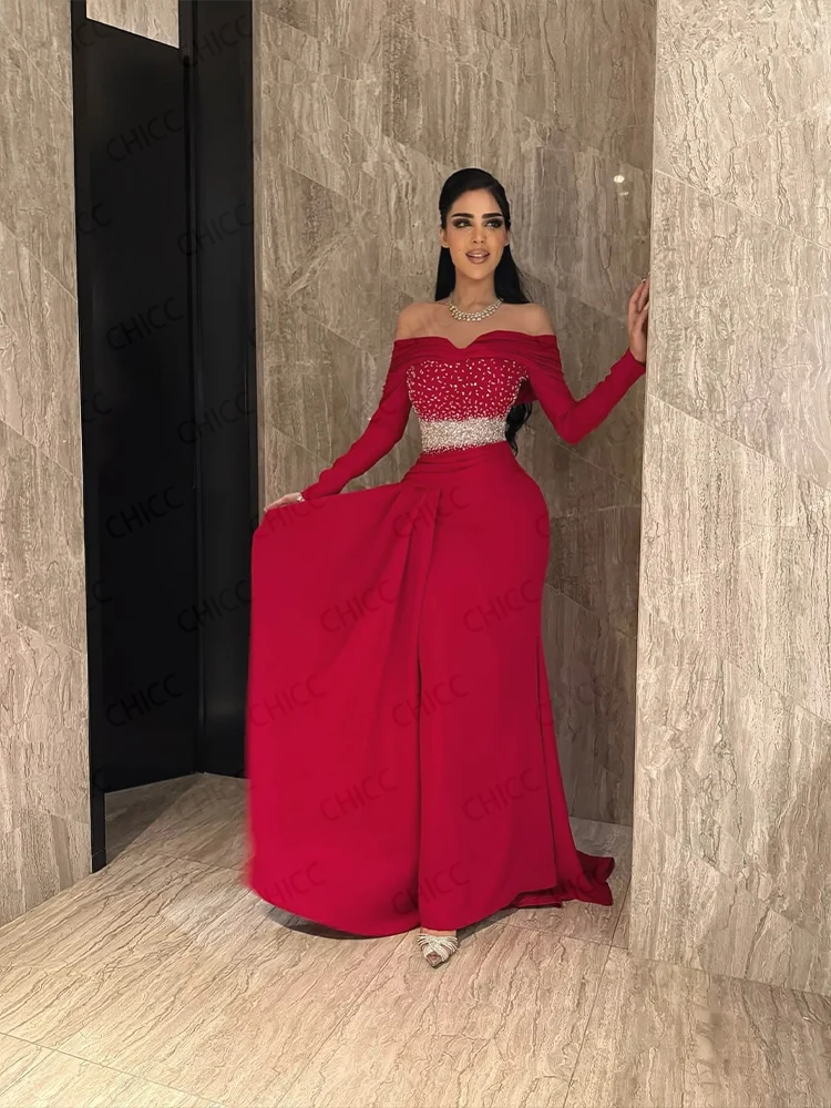 Robes de soirée rouges épaules dénudées à manches longues robe de bal élégante Gala Arbic robe de soirée d'invité de mariage robes de soirée personnalisées