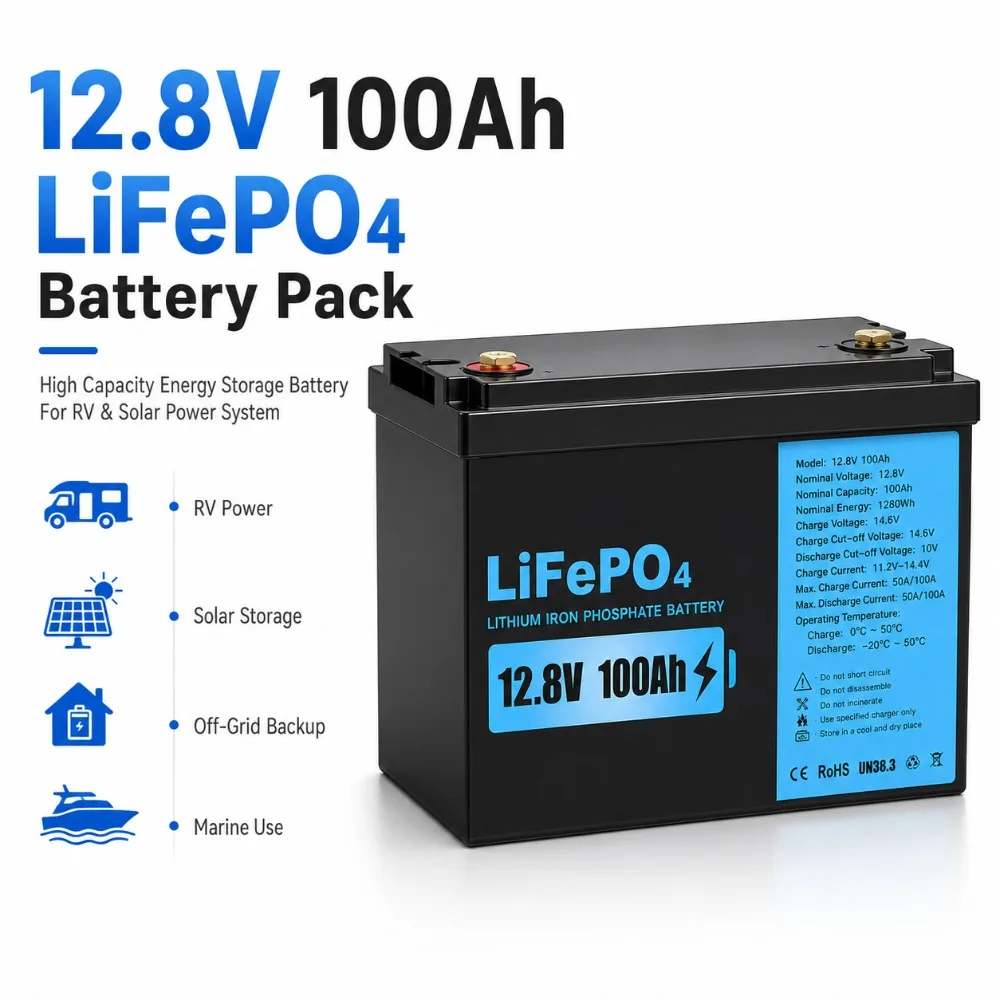12.8V 100Ah LiFePO4 Lithium Iron Phosphate Battery High Capacity Energy Storage Battery Pack For RV Solar Power System