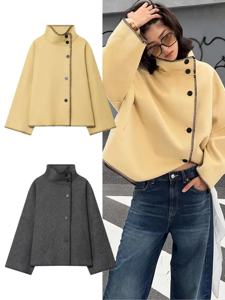 

HH Elegant Women's Loose High Collar Woolen Jacket 2025 Autumn Winter Long Sleeve Wide Shoulder Office Lady Street Outwears