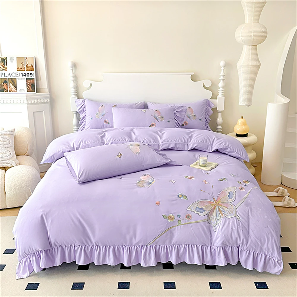 Four-Piece Sets Summer Embroidery Washed Cotton Bed Sheet Quilt Cover Duvet Cover Skin Friendly Student Dormitory Bedding Sets