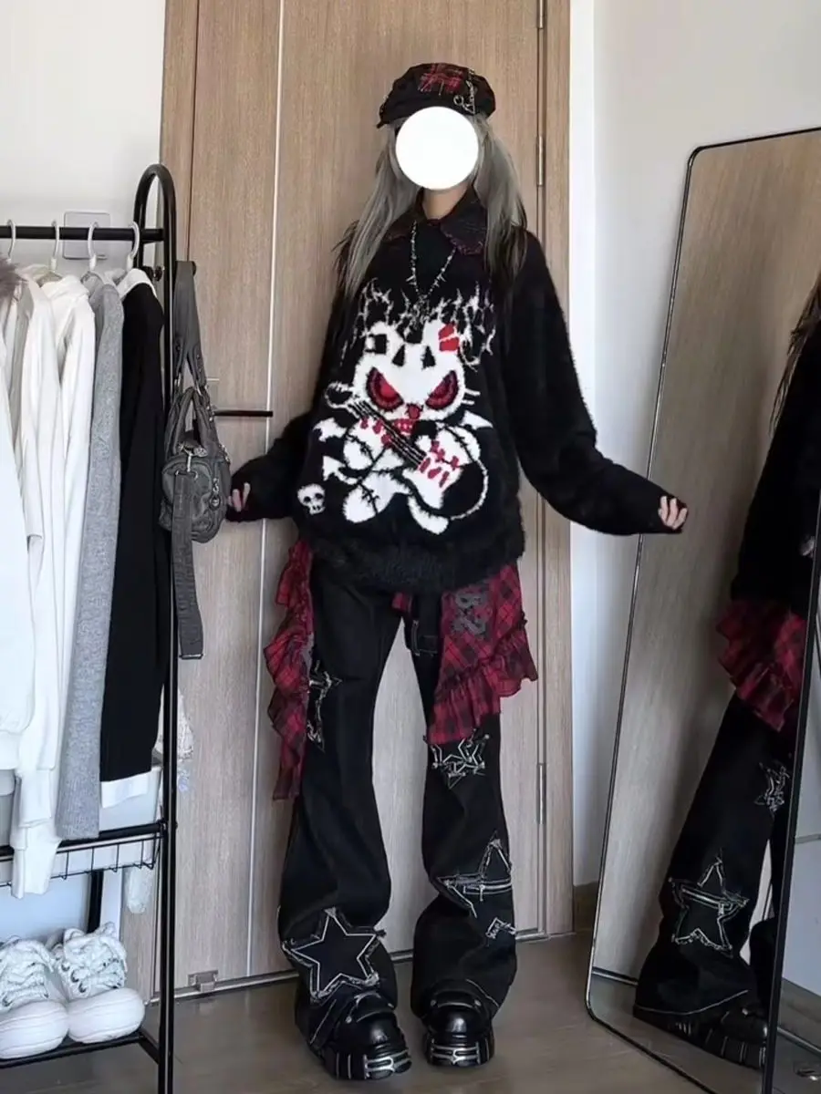 

Панк Sle, мягкий черный меховой вязаный свободный круглый свитер Ne, женский осенне-зимний свободный вязаный топ в американском стиле