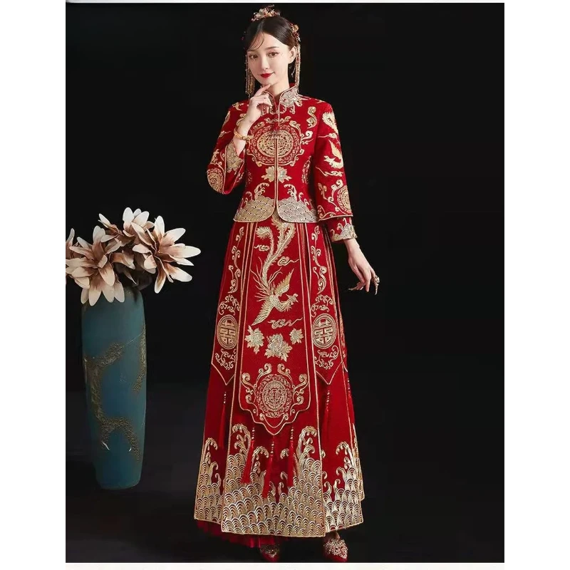 Customized Unique Elegant Modern Red Qipao Long Chinese Traditional Wedding Dresses Dignified High Neck A-line Bride Gown