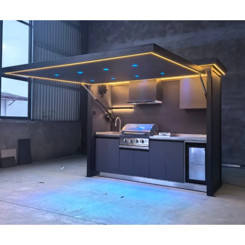 Outdoor kitchen bar with ice bucket and storage stainless steel party station