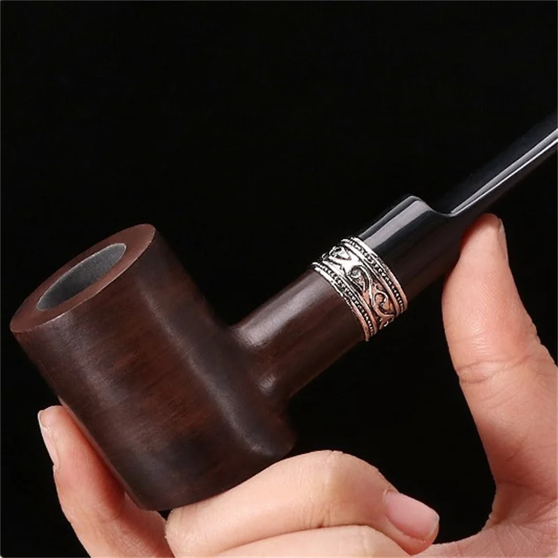 Ebony Wood 9mm Filter Flue Tobacco Pipe Retro Gentleman Bent Type Handle Handmade Smoking Pipe With Accessory Old Dad\'s Gift