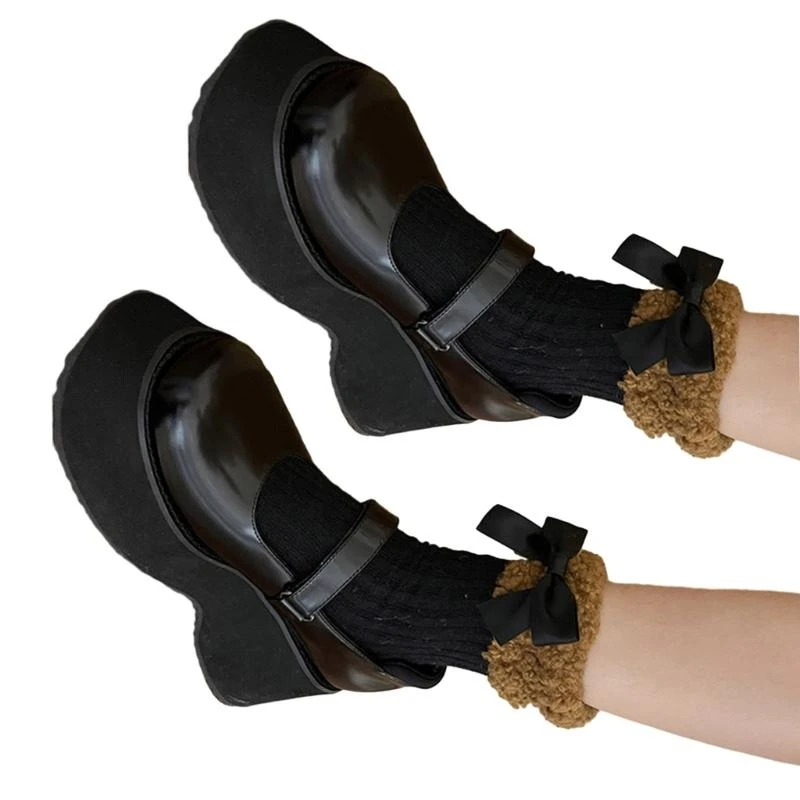 

Женские зимние носки до середины икры в рубчик, однотонные, милые носки с меховой отделкой и бантом, 15UB