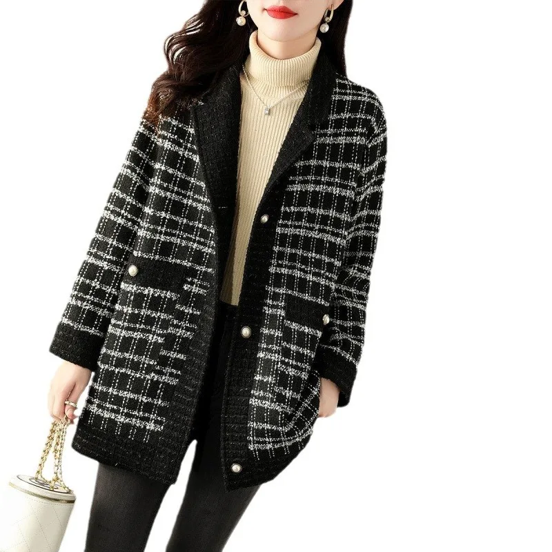 Women Wool Coat Plaid Print Thick Midi Blends Button Turn Down Collar Casual Jackets Pocket Elegant Lady Autumn Winter