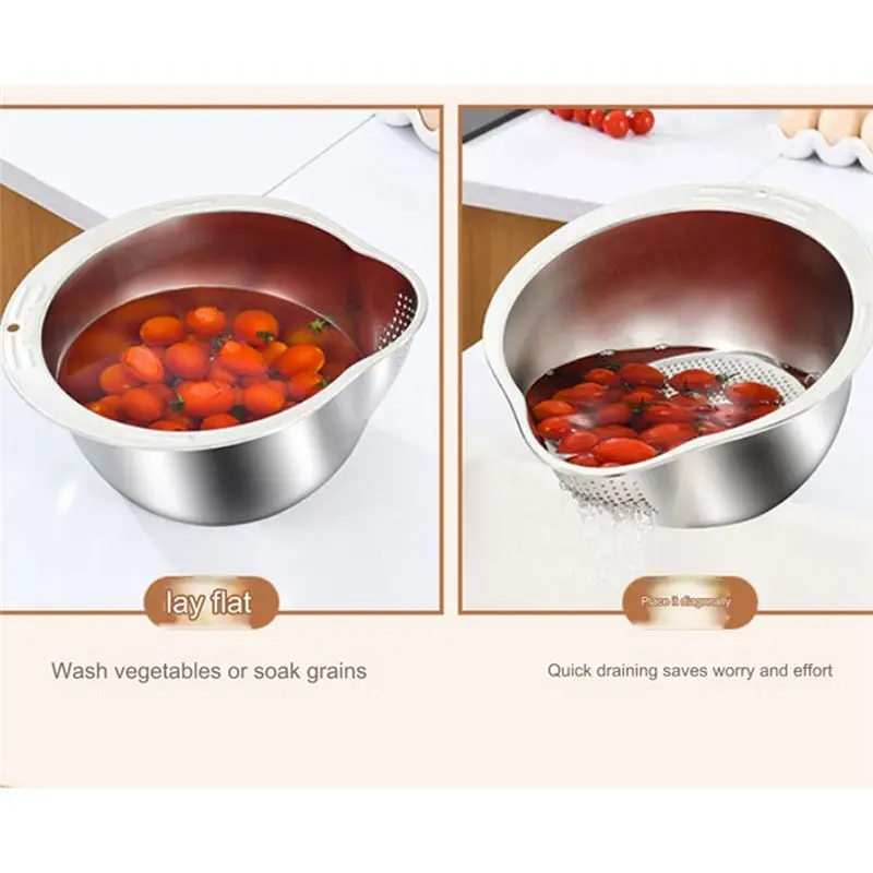 A93E-Rice Washer Strainer Bowl Stainless Steel Rice Washing Bowl Rice Colander Fruit And Vegetable Strainer Kitchen Tool
