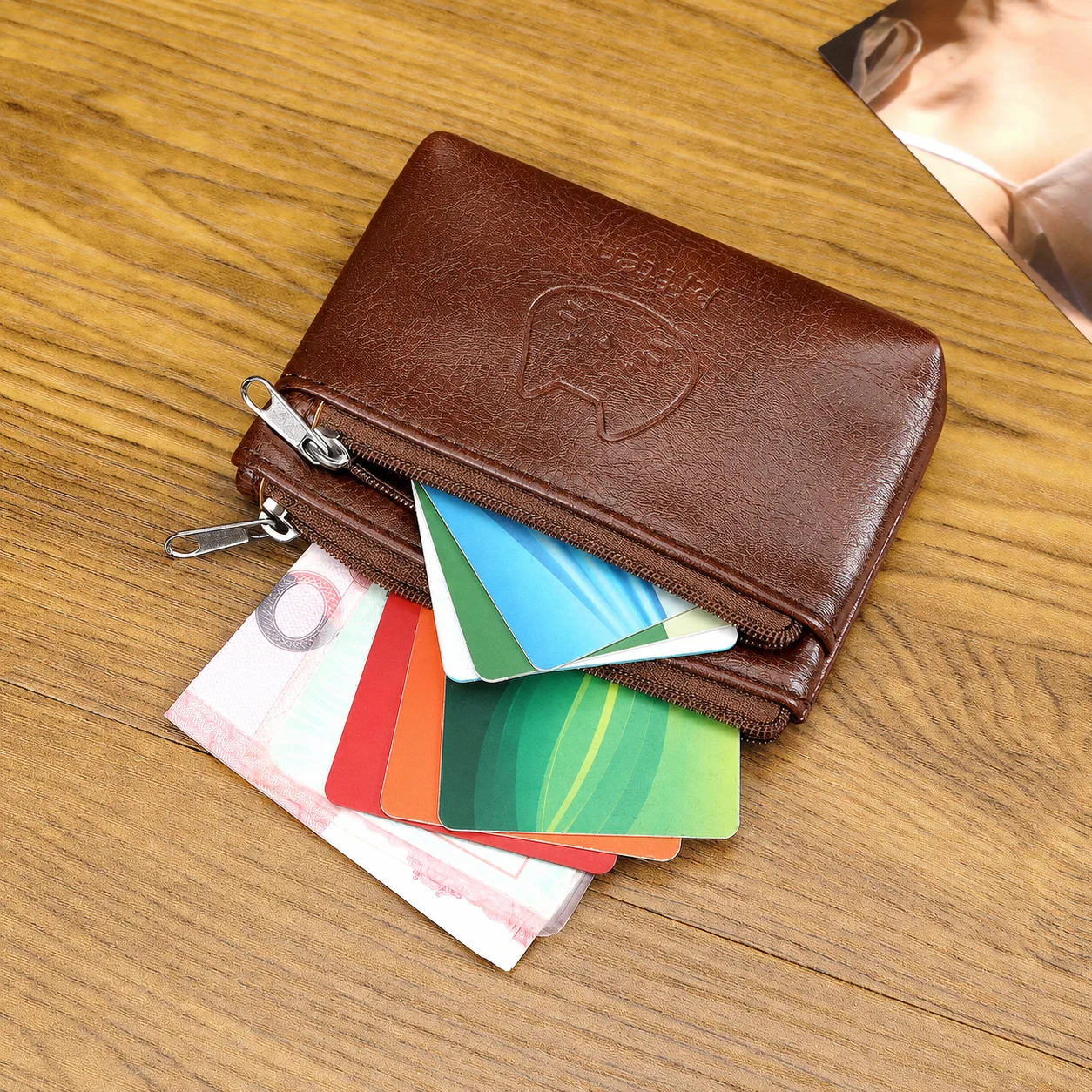 Mini Card Holder Embossed Double Zipper Coin Purse Coin Purse Water Resistant Pu Leather Coin Purse For Larger Bag Card Storage