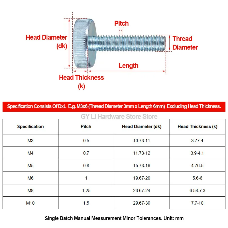 Knurled Flat Head Thumb Screw 4.8 Grade Blue Zinc Plated Hand Tight Adjustment Advertising Bolt M3 M4 M5 M6 M8 M10 4mm-50mm