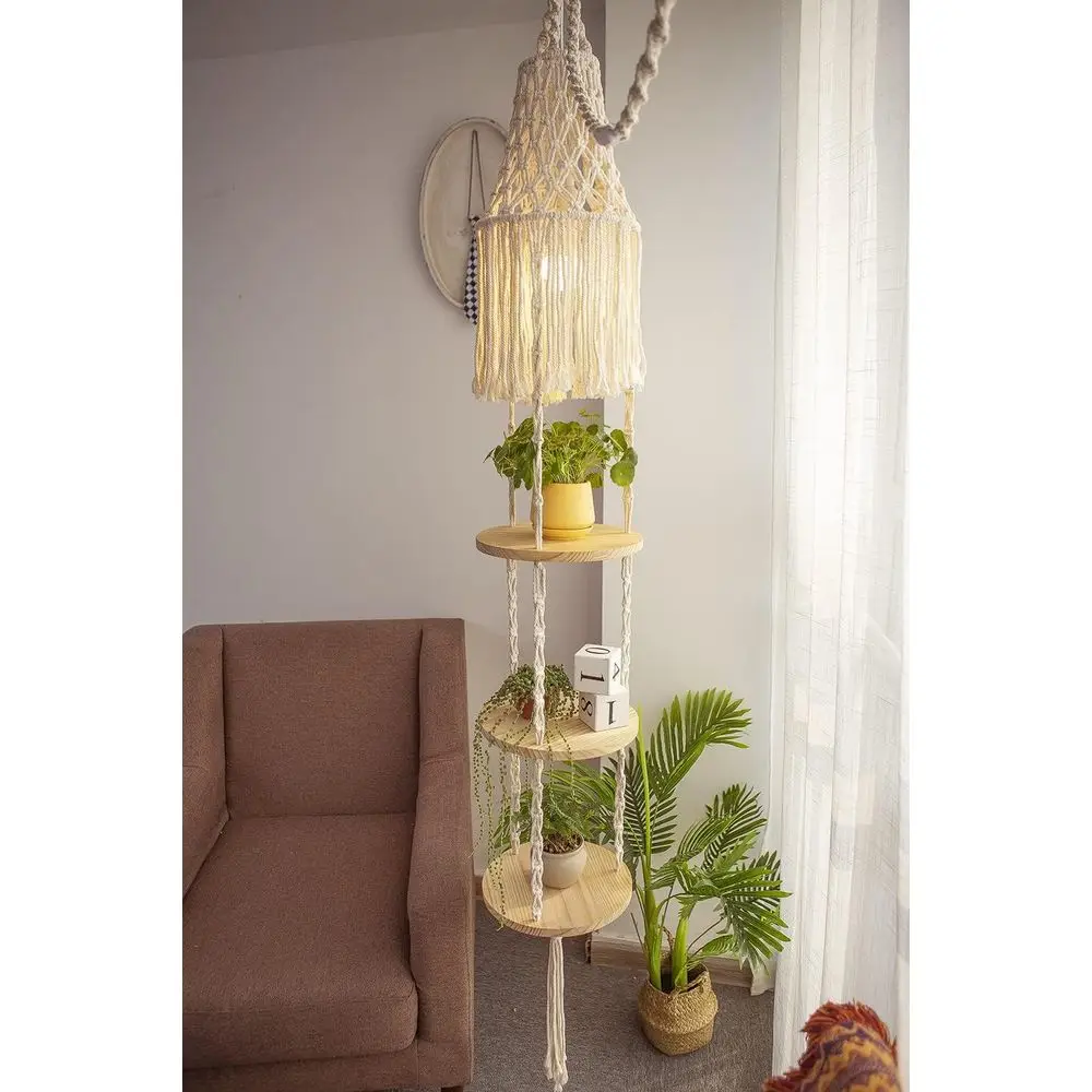 Plant Hanger Shel Hanging Rope Shel Indoor with Boho Lamp Shade 3 Tier Floating Round Shelves Decorative Shel lower Pot Holder P