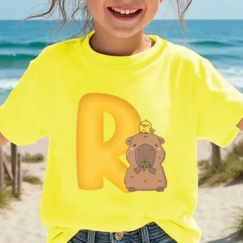 Girl Boy Clothes Cartoon Capybara Alphabet T-shirt 26 Initials Cartoon Animal Kids Clothing Cartoon Animal Letter R Cotton Shirt