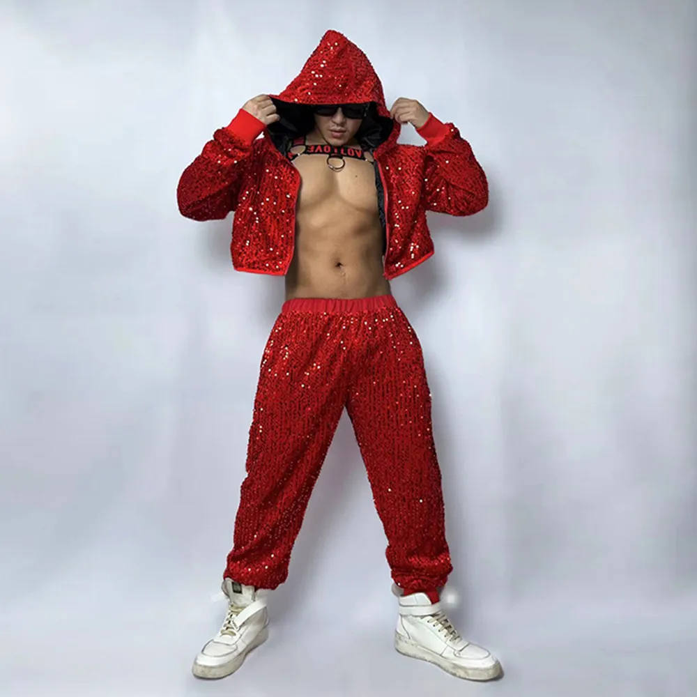 Adult Male Green Sequins Hip Hop Dance Clothes Nightclub Bar Gogo Dancer Costume Glitter Hooded Jacket Pants Performance Outfits