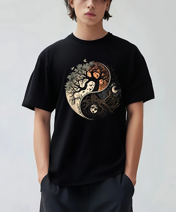 LE Harmonious Tees Tree of Life Yin Yang Black T-Shirt Chinese Yin-yang Bagua Tai Chi Clothing Tops Men Clothing Streetwear