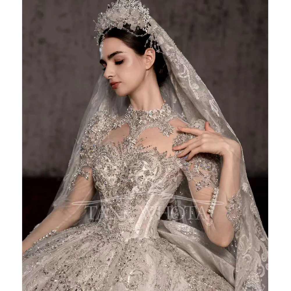 Luxury High Long Sleeve Lace Wedding Dress Beading Sequined Brides Customizable