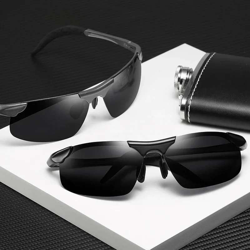 

New Polarized Sunglasses Stylish Men's Sports Black Sunglasses Metal Retro Half Rim Sunglasses Driving Sunshade mirrors