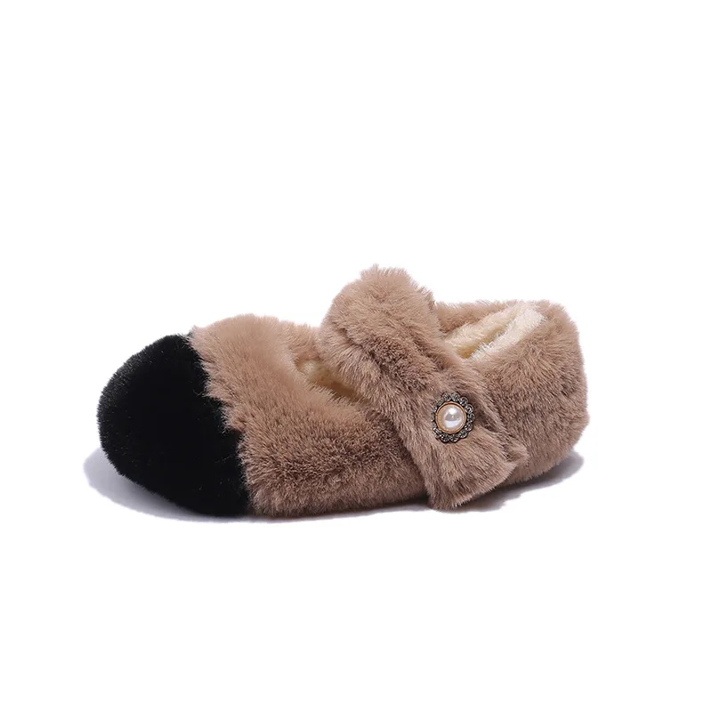 Winter Fur Girls Shoes Fashion Children Princess Flat Shoe Korean Plush Warm Kids Shoe Shallow Mary Janes Chaussure Enfant Fille