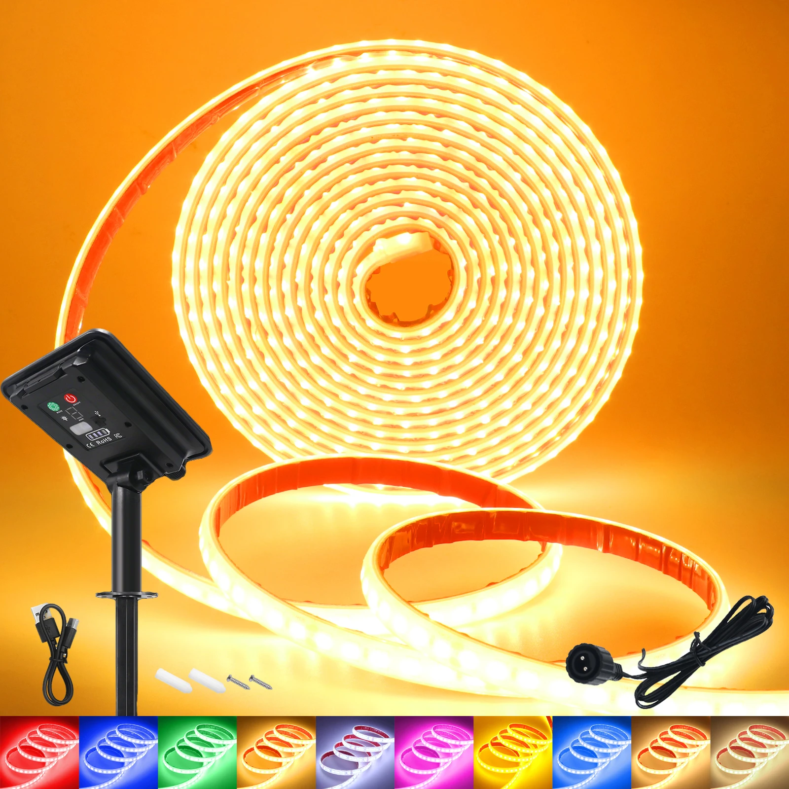 Solar Waterproof LED Light Strip Flexible Tape 2835 120LEDs/m 24V 8 Modes Warm White Red Green Blue Yellow IP68 for Garden Decor