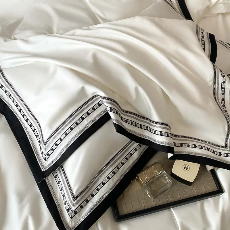 White Egyptian Cotton Bedding Sets Luxury Black Stripe Embroidery Duvet Cover Set Bed Sheet Pillowcases Solid Color Home Textile