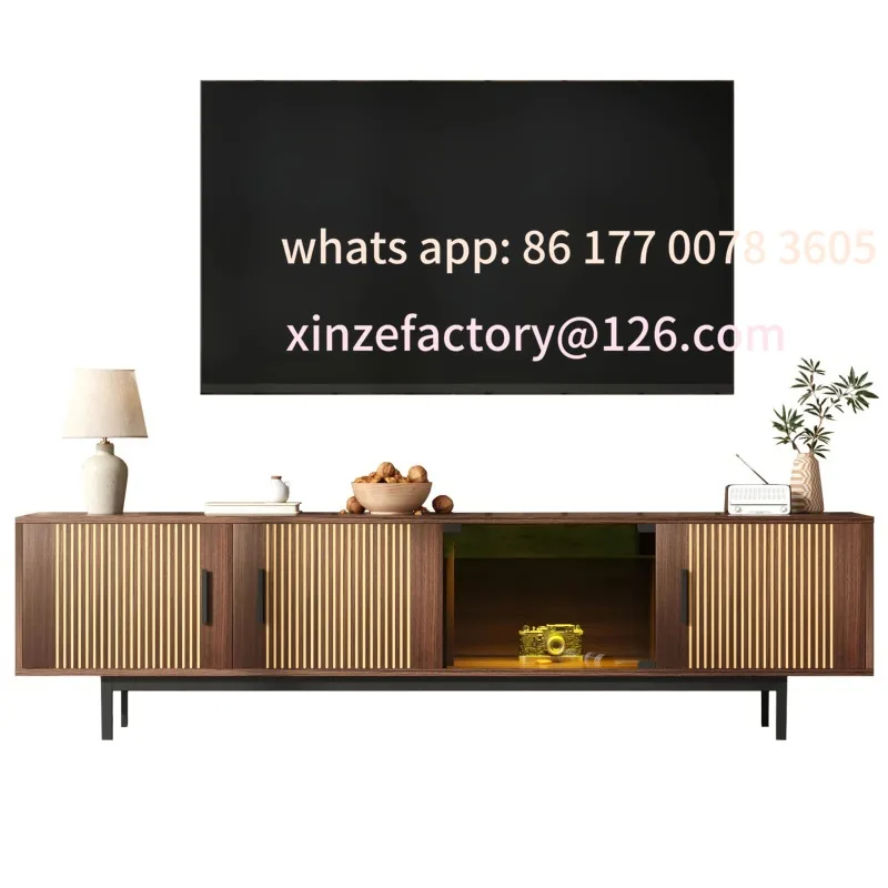 

Customizable 200cm TV Cabinet with LED Light Bar, Lowboard with Tempered Glass Door and Carved Texture, for Living Room
