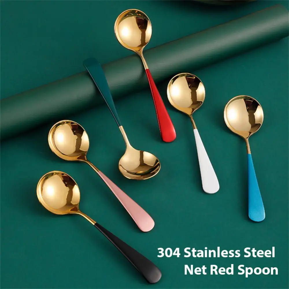 Stainless Steel Round Head Spoon Serving Dessert Spoon Korean Style Spoons Mixing Spoon Coffee Spoon Kitchen Gadget Tableware