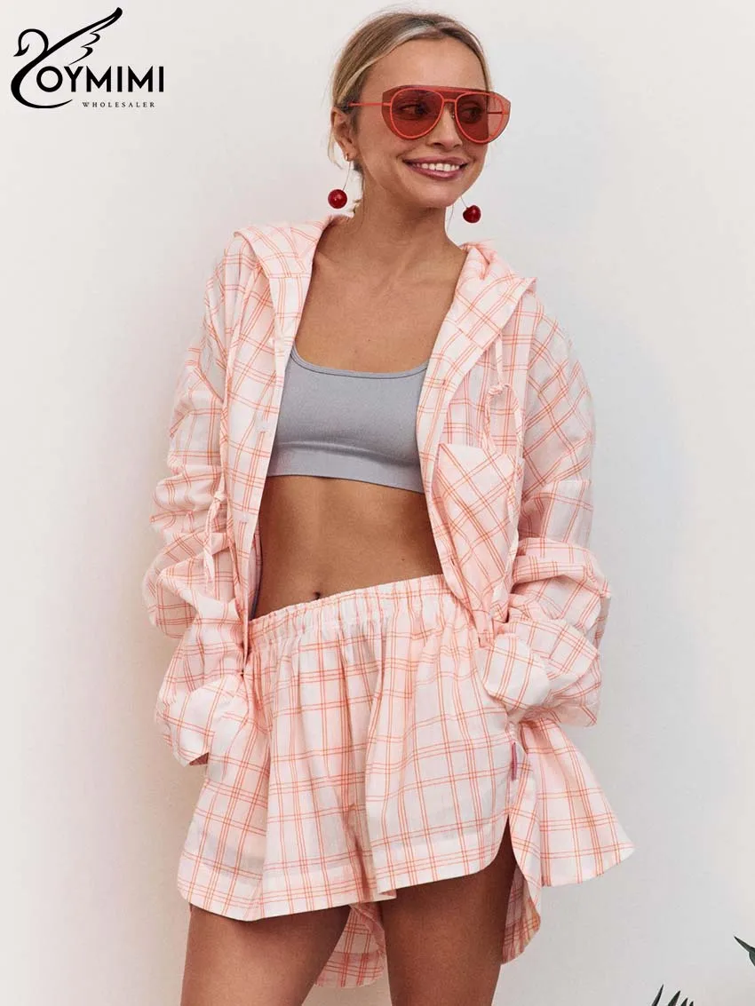 Oymimi Fashion Pink Plaid Print Women 2 Piece Set Outfit Casual Hooded Collar Long Sleeve Button Shirts And Pockets Shorts Sets