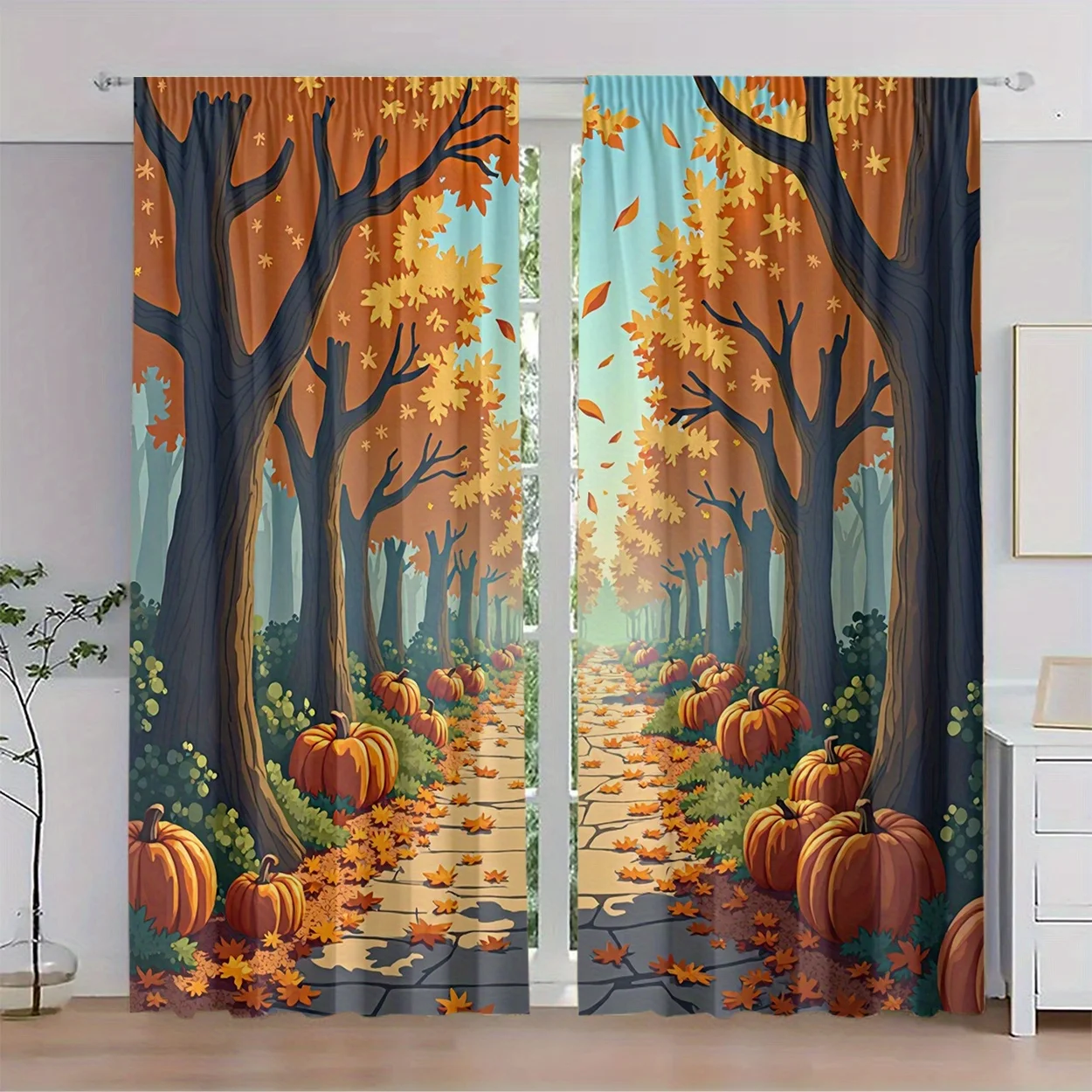 Autumn Fall Decor Curtains Pumpkin Forest Scene Window Curtain Rustic Harvest Print Home Decoration for Living Room Bedroom Styl