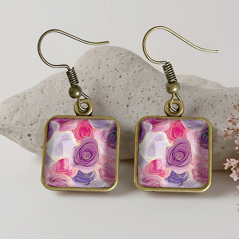 2025 New Abstract Pink Rose Floral Geometrical Square Earring Retro Glass Dangle Earrings Handmade Jewelry Gift