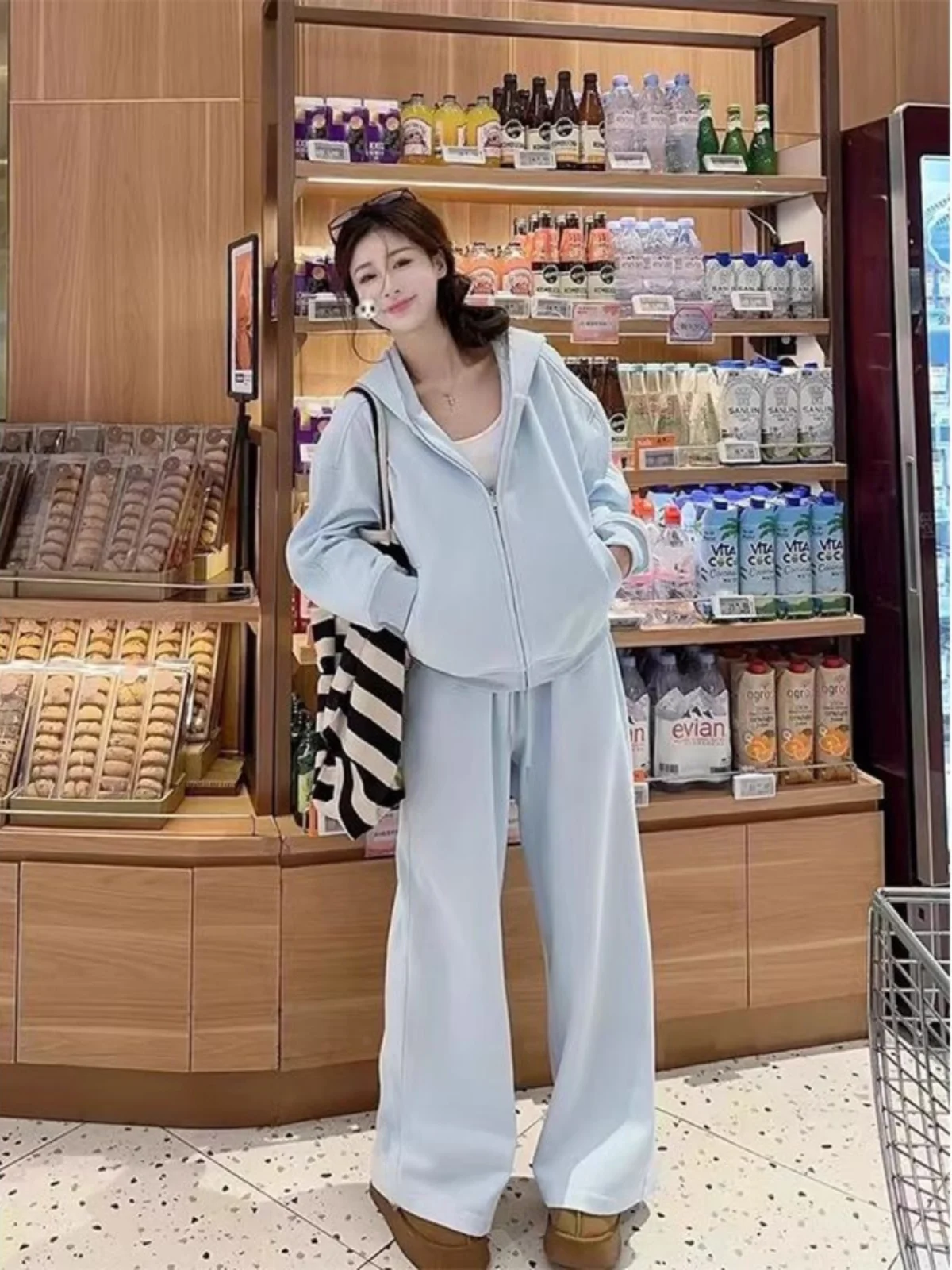 

Pure Cotton Sportswear Set for Women Spring Autumn Winter Fleece Lined Vintage Hooded Jacket Wide Leg Pants Two Piece Suit