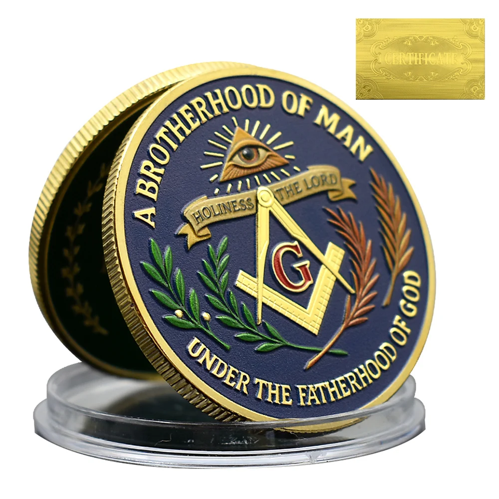 

Brotherhood of Man Commemorative Gold Plated Challenge Coin Freemason Symbol, Inspirational Quote, Gift for Collectors