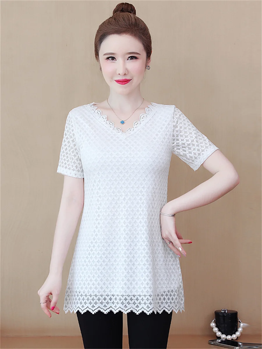 

5XL Women Spring Summer Shirts Lady Fashion Casual Short Sleeve O-Neck Collar Sexy Lace Embroidery Blusas Tops Elegant CT0642