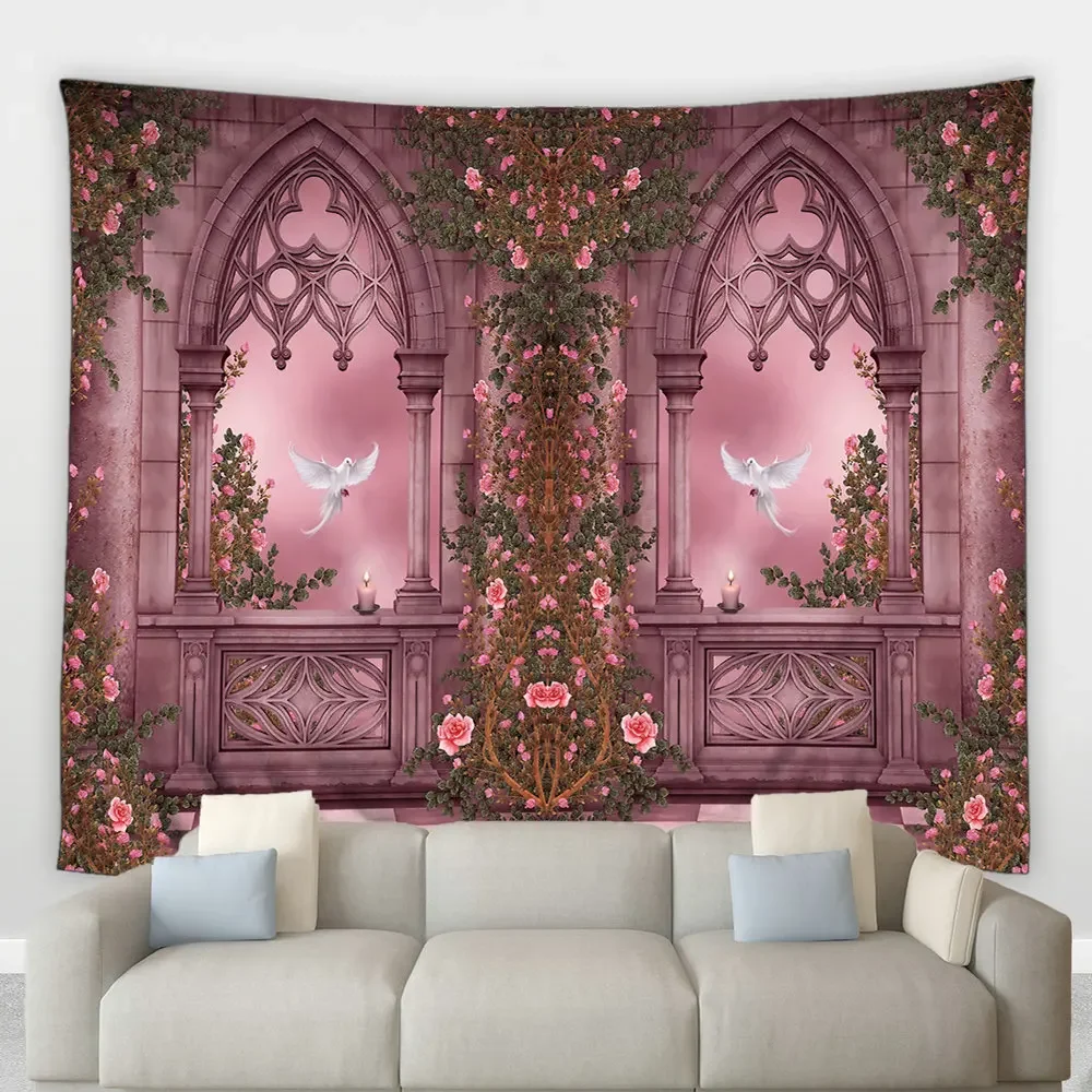 Pink Aesthetic Tapestry Arched Building Doors Windows Plants Flowers Vines Psychedelic Hippie Wall Hanging Bedroom Home Decor