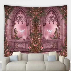 Pink Aesthetic Tapestry Arched Building Doors Windows Plants Flowers Vines Psychedelic Hippie Wall Hanging Bedroom Home Decor