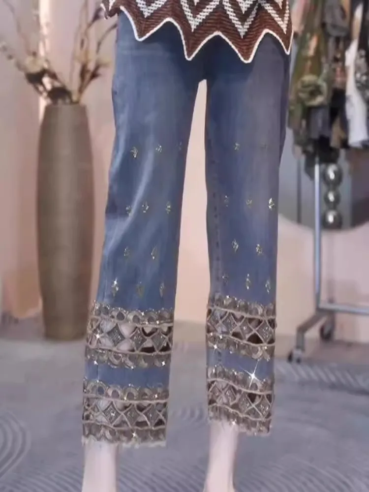 

Джинсы из плотного денима с вышивкой и вырезами, с высокой талией, прямого кроя, для полных женщин, летняя новинка, стройнящие.