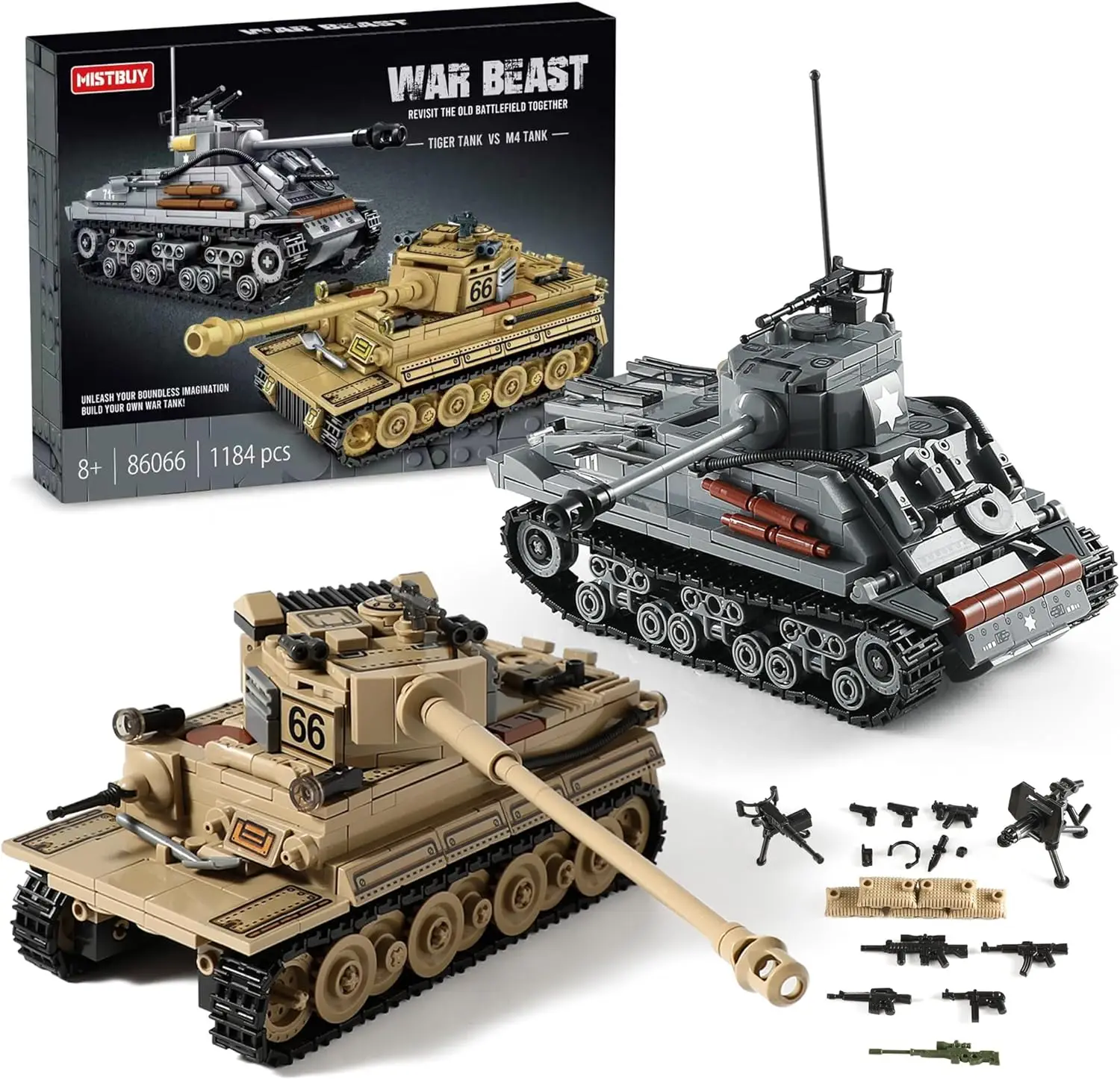 

WWII Tank Building Kit: German Tiger & US Sherman Models with 1184 Blocks, Military Toy for Kids Age 8-14