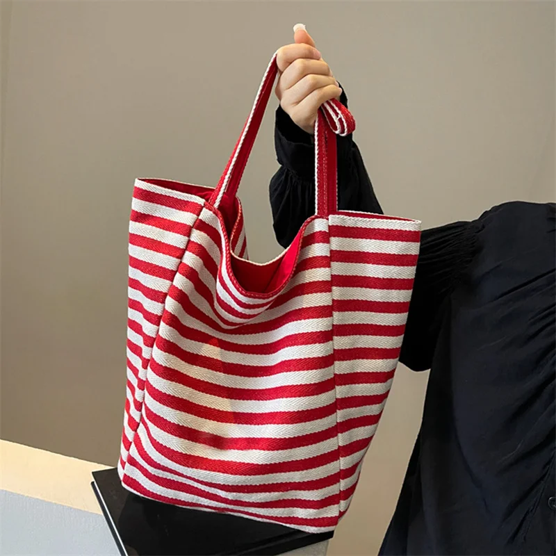 Red Striped Canvas Shoulder Bag Handbag Korean Style Travel Beach Bag Double-sided Shopping Tote Bags Girl Underarm Bag