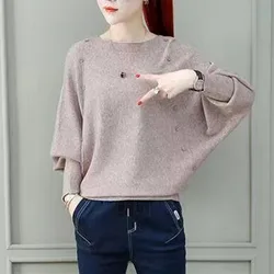 Simple Solid Color Fashion Batwing Sleeve Sweaters Spring Autumn Button Spliced Loose Ladies Elegant Round Neck Knitted Jumpers