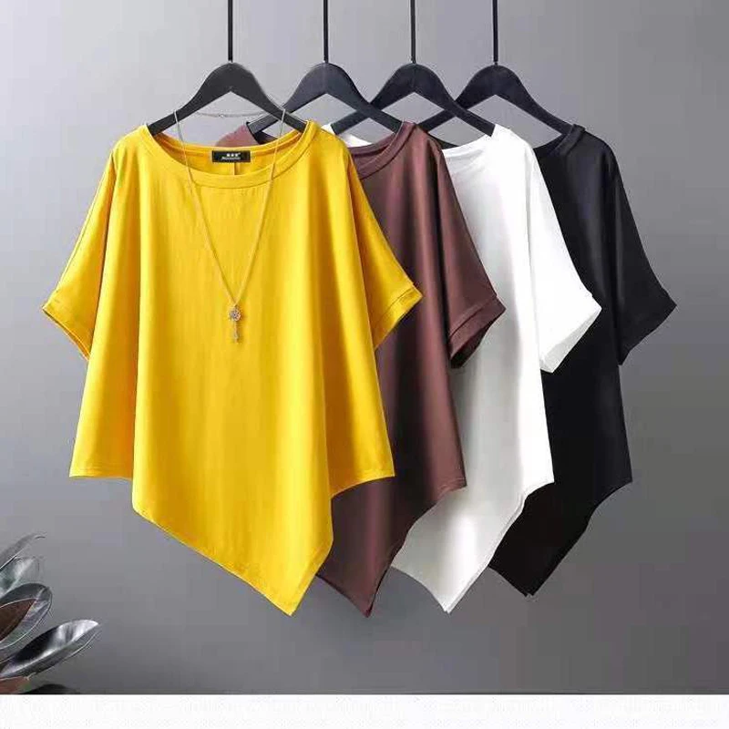 2025 Summer New Arrival Irregular T-Shirt Pullover Short Sleeve Top Women's Round Neck Bat Sleeve Ice Silk Top plus size Slant H