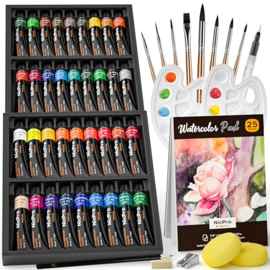 

Watercolor Paint Set for Adults, Beginner and Artists, 36 Tubes Water Color Paint Set with 25 Watercolor Paper Book, 8 Squirrel
