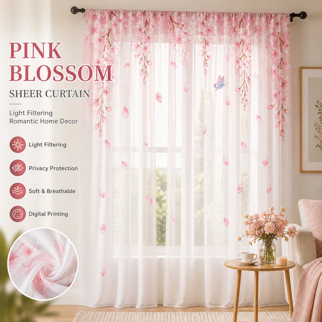 1Pc Pink Floral Gradient Sheer Curtain, Good Quality Light Reducing Privacy Voile for Living/Bedroom/Kids Room,Mother's Day Gift
