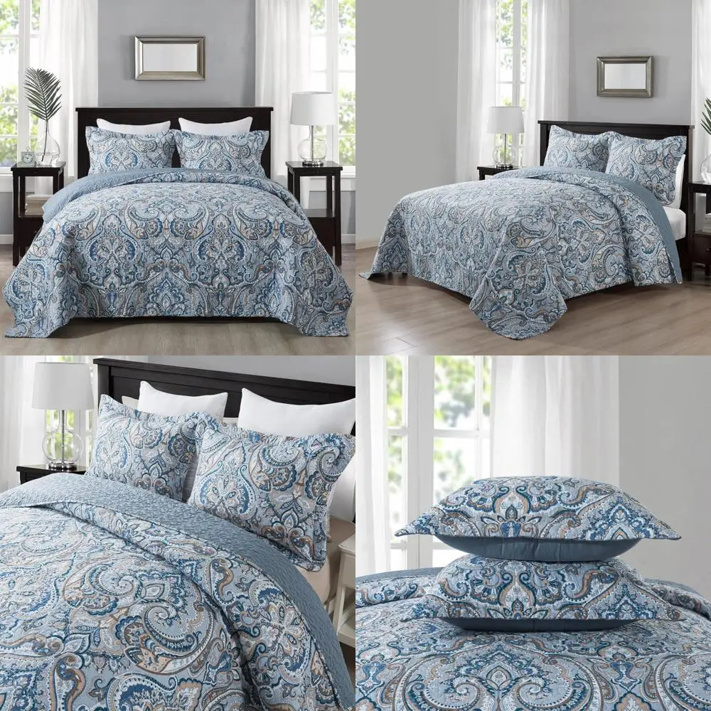 

Cotton Quilted Patchwork Bedspread Set - European Grey Floral Design, King Size