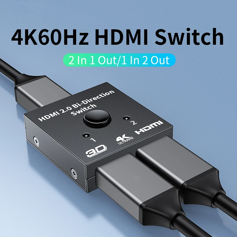 4K 60Hz przełącznik HDMI 2 porty 2 w 1 rozgałęźnik wideo kompatybilne z HDMI do laptopa PC Xbox PS3/4/5 TV, pudełko do monitorowania projektora