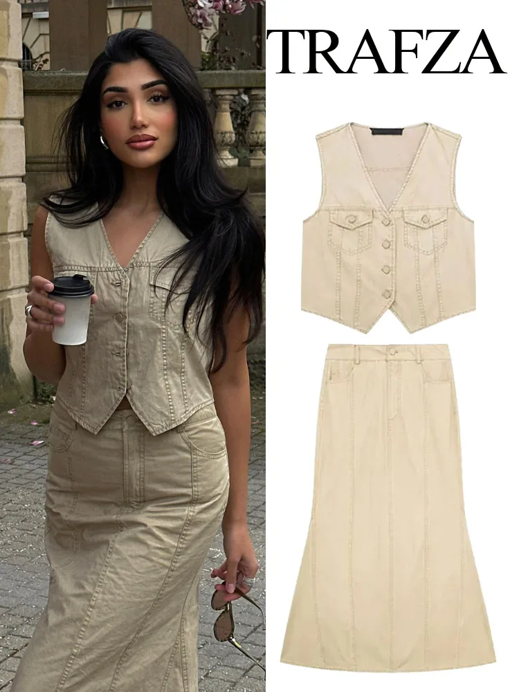 

TRAFZA 2024 Spring Female Sleeveless V-neck Pockets Vest+A-Line Mid-Rise Mermaid Skirt Vintage 2 Piece Elegant Solid Khaki Suit