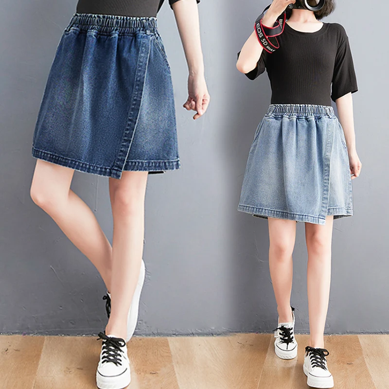 

Waed out White Wide Leg Jeans Elastic Waist Loose Fit Women's plus Size Denim Skirt orts Conceal Hip Hide Meat Summer