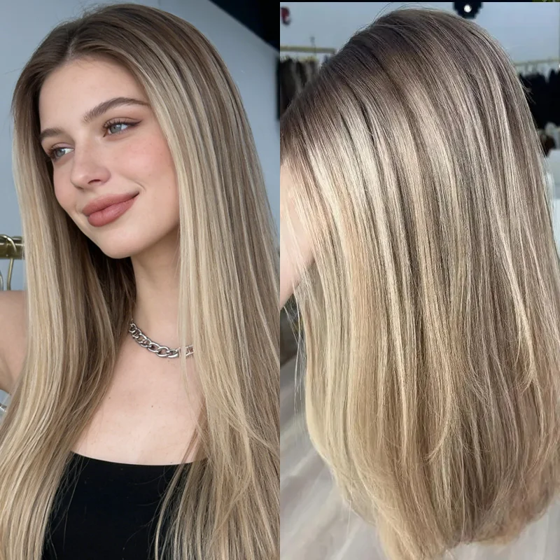 

Brown Blonde Highlights Lace Wig Baroque natural hair Synthetic Straight Women wig Cosplay Party Daily Use Wigs Blond streak wig