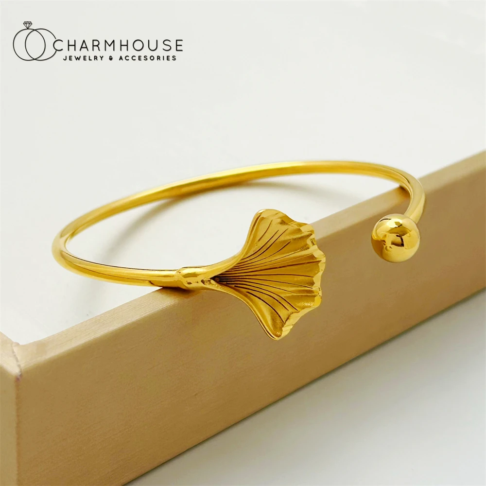 Gold Plated Women's Hand Bracelets Stainless Steel Ginkgo Leaf Cuff Bangles Pulsera Trendy Jewelry Accessories Party Gifts