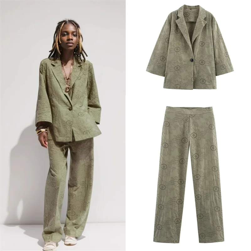 

2025Women's new fashion loose Single Button hollow embroidery suit coat long sleeved women's coat chic top Pants Women's suit