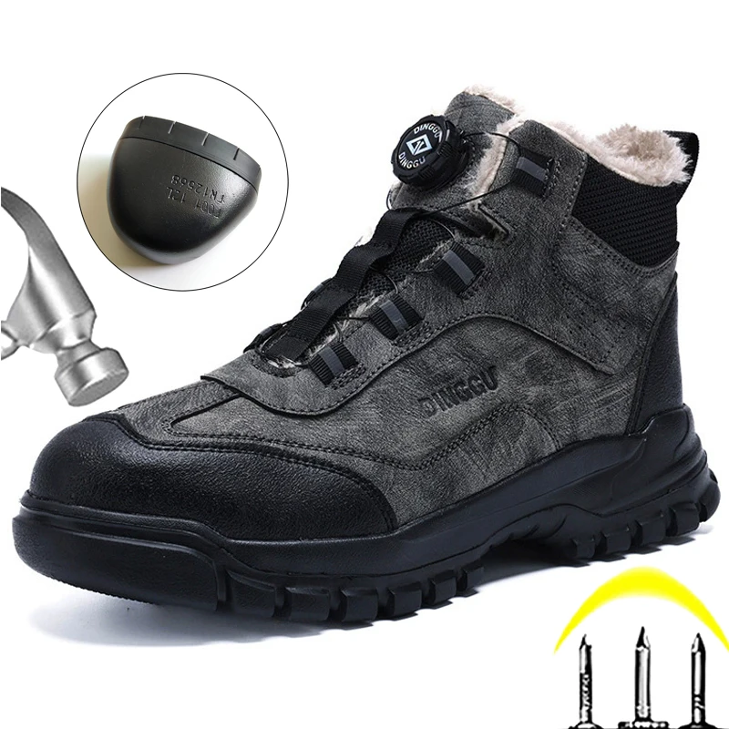 Grey Winter Boots Safety Shoes Men Anti-Smash Anti-Puncture Work Boots Steel Toe Shoes Rotating Button Men Protection Shoes 2026